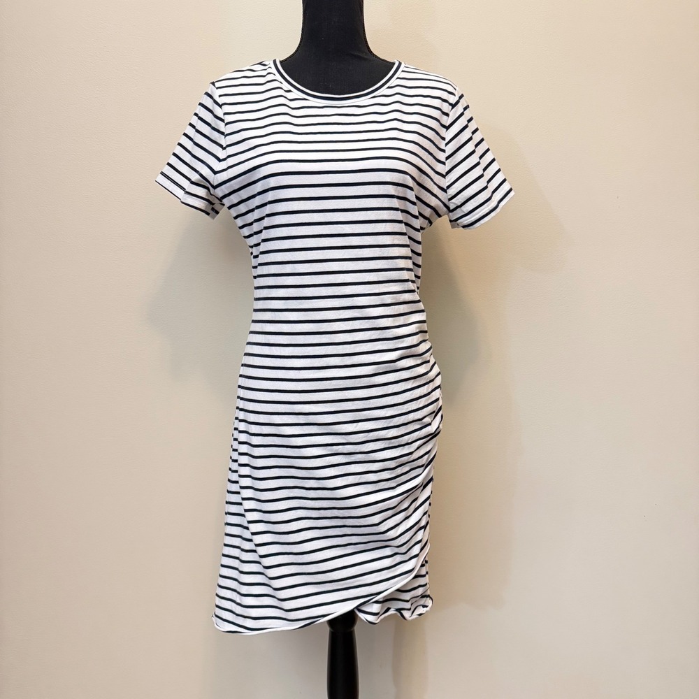 Short Sleeve Side Ruched Striped T-Shirt Dress White Navy Blue Womens L Stretch